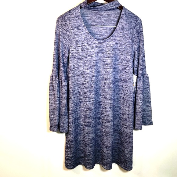 NWT Kensie Blue Choker Neck Band Heathered Flare Sleeve Mini Dress‎ S Boho Party - Picture 1 of 13